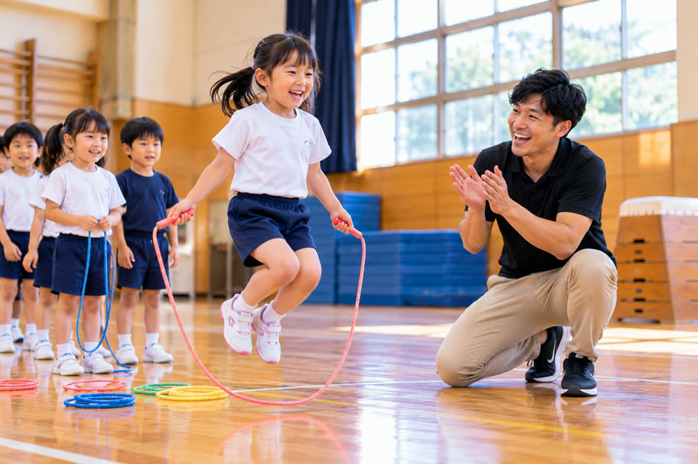縄跳びをする子どもを応援する指導者
