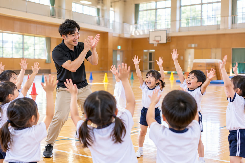 手を挙げて先生の話を聞く子どもたち