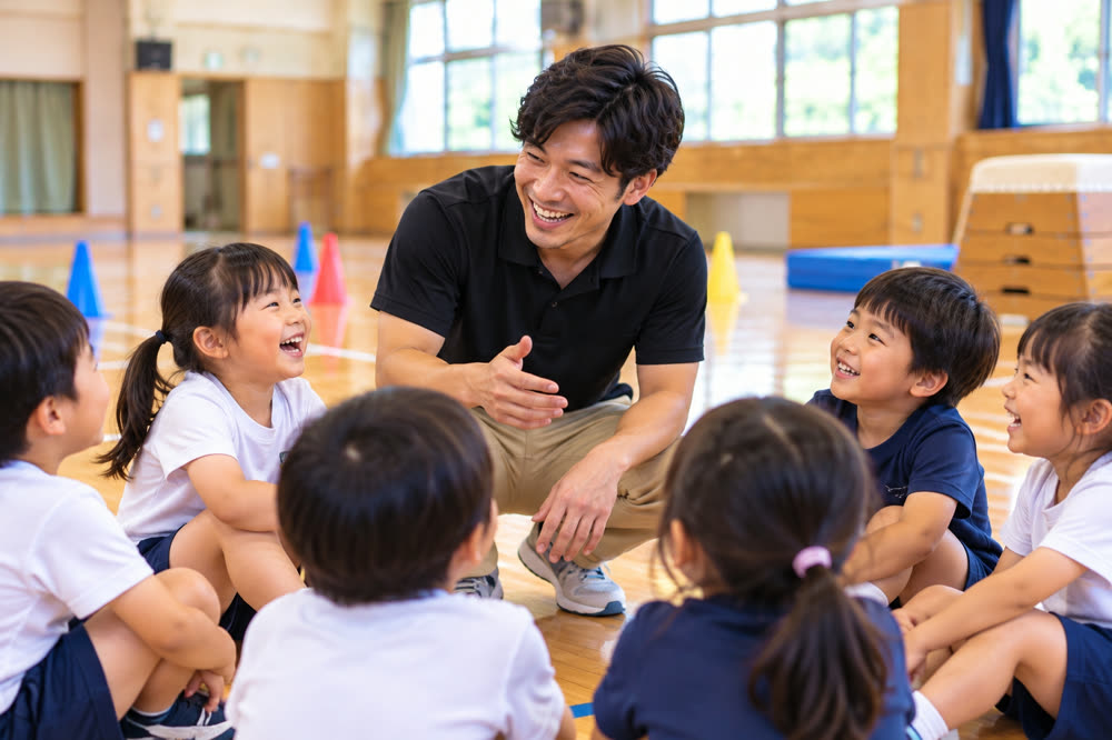 子どもたちの輪の中で話す指導者